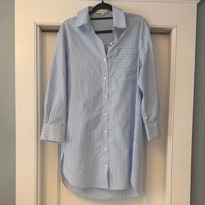 English Factory Light Blue and White Striped Button-Down Shirt Dress
